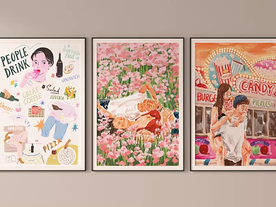 Three People Portrait Paintings With Modern Style Flower Field And Candy Shop Scenes 3d model