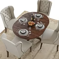 Elegant Wooden Dining Table Set With Beige Upholstered Chairs Fruits Wine Bottles And Tableware