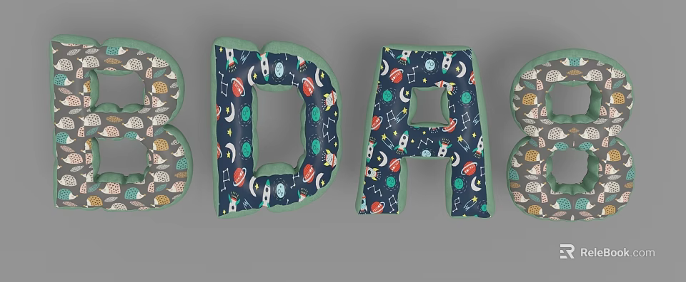 Space Themed Letter Shaped Decorative Hanging Ornaments With Green Border And Dark Blue Background 3d model 