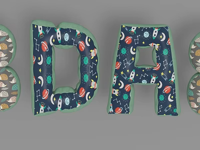 Space Themed Letter Shaped Decorative Hanging Ornaments With Green Border And Dark Blue Background 3d model