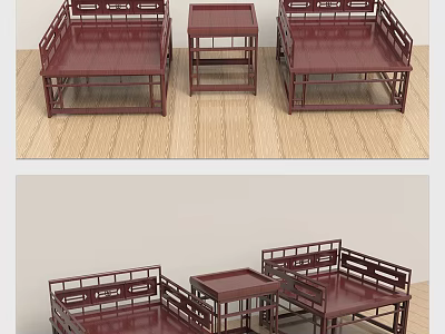 Leisure Sofa Set Chinese Style Mahogany Color Carved Railings On Wooden Floor 3d model