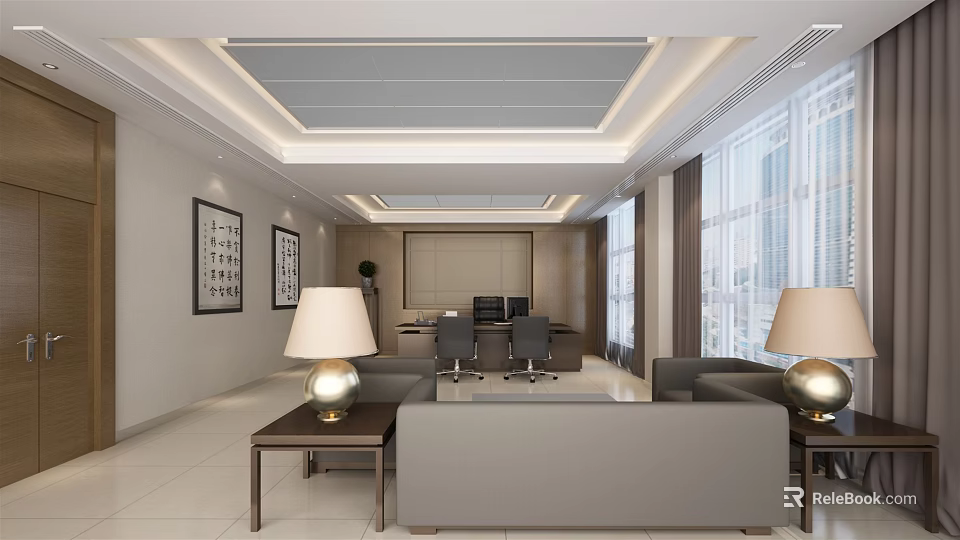 Modern Office Interior Design With Sofa Desk Chairs Lamps Windows And Wall Art 3d model 