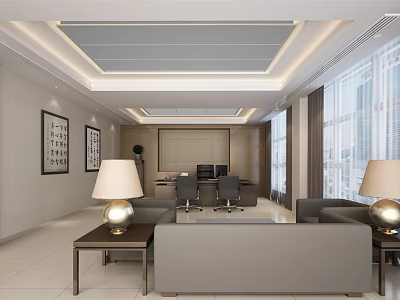 Modern Office Interior Design With Sofa Desk Chairs Lamps Windows And Wall Art 3d model