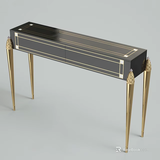 Elegant Black Console Table With Gold Trim And Glossy Surface Design 3d model 