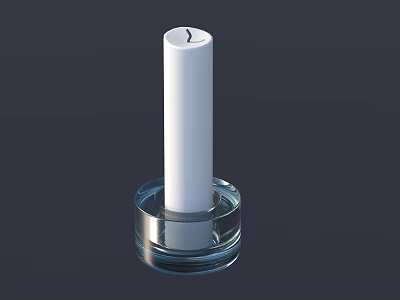 Elegant White Cylindrical Candle Lamp on Transparent Glass Base Against Dark Background 3d model