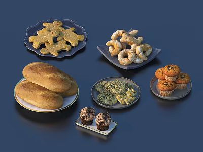Assorted Homemade Food Selection With Gingerbread Cookies Pretzels Bread Loaves Vegetable Salad And Muffins 3d model