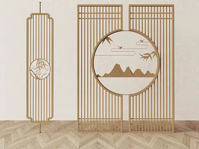 Chinese Wooden Room Divider With Slatted Design Circular Mountain Landscape Bamboo Leaves And Birds 3d model