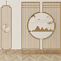 Chinese Wooden Room Divider With Slatted Design Circular Mountain Landscape Bamboo Leaves And Birds
