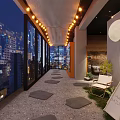 Rooftop Bar With City Skyline Night View String Lights Outdoor Seating And Plants