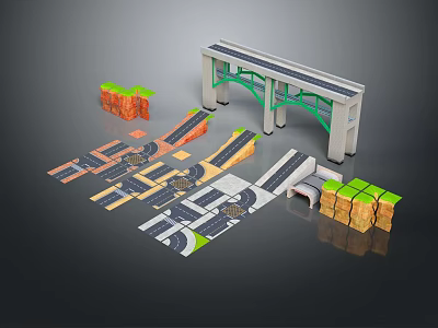 Road Scene Construction Components Featuring Bridge Modules Curved Road Sections And Terrain Blocks 3d model