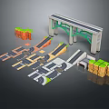 Road Scene Construction Components Featuring Bridge Modules Curved Road Sections And Terrain Blocks 3d model