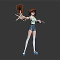 3D Model Character Girl Holding Brown Object And Colorful Cards Wearing White Stockings And Blue Shoes