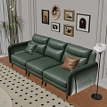 Modern Green Leather Three-Seater Sofa With Wall Decorative Paintings Floor Lamp And Palm Plant
