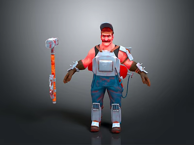 3D Character With Cap Red Shirt Mechanical Arms Metal Vest Overalls And Large Hammer 3d model