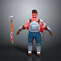 3D Character With Cap Red Shirt Mechanical Arms Metal Vest Overalls And Large Hammer