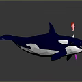 Polygonal Blue Orca Aquatic Animal with Pink Starburst and Small Red Fish