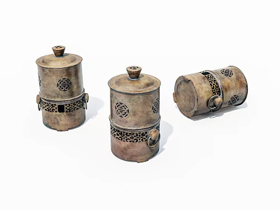 Three Antique Bronze Lidded Containers With Openwork Patterns And Handles 3d model