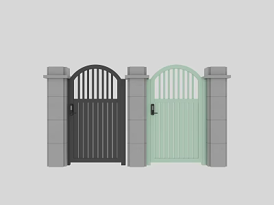 Modern Black and Light Green Metal Gates With Arched Top Vertical Slats And Pillars 3d model