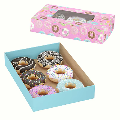 Assorted Decorated Donuts in Open Blue Box with Pink Patterned Packaging 3d model