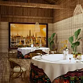 Elegant Private Dining Room With Wooden Ceiling Cage Chandeliers Decorative Paintings And White Tablecloths