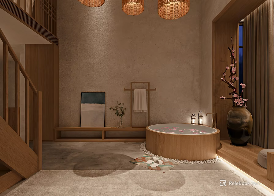 Hotel Guest Room With Round Wooden Bathtub Bamboo Pendant Lights Stone Wall And Wooden Stairs 3d model 