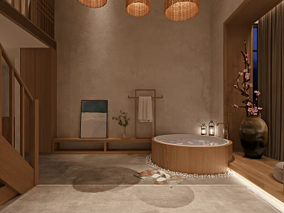 Hotel Guest Room With Round Wooden Bathtub Bamboo Pendant Lights Stone Wall And Wooden Stairs 3d model