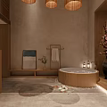 Hotel Guest Room With Round Wooden Bathtub Bamboo Pendant Lights Stone Wall And Wooden Stairs