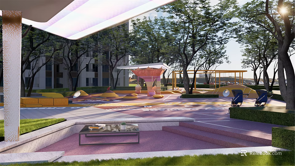 Modern Outdoor Children's Play Area With Colorful Ground Play Structures And Shade Trees 3d model 
