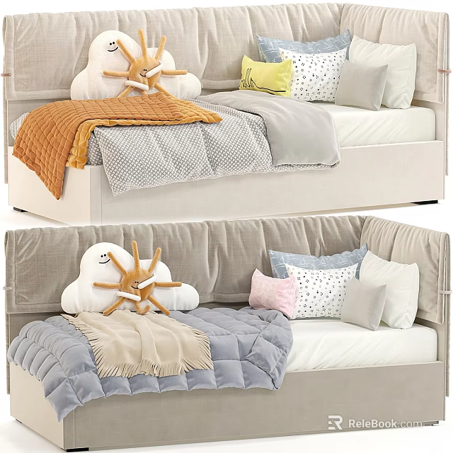 Cute Cozy Kids Bed Design With Soft Pastel Pillows Fluffy Blanket And Stuffed Animal 3d model 