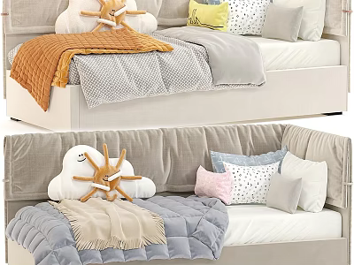 Cute Cozy Kids Bed Design With Soft Pastel Pillows Fluffy Blanket And Stuffed Animal 3d model