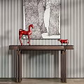 Console Table With Red Horse Decor And Wall Painting In Striped Wooden Design