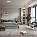 Modern Bedroom Interior Design With Large Bed Glass Wardrobe Accent Chair And Area Rug