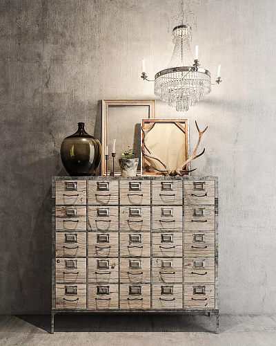 Vintage Wooden Dresser Interior Decor With Dark Brown Vase Picture Frames Deer Antlers And Plant 3d model