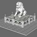 Garden Ornament Stone Lion On Pedestal With Railing Under Rainy Blue Sky