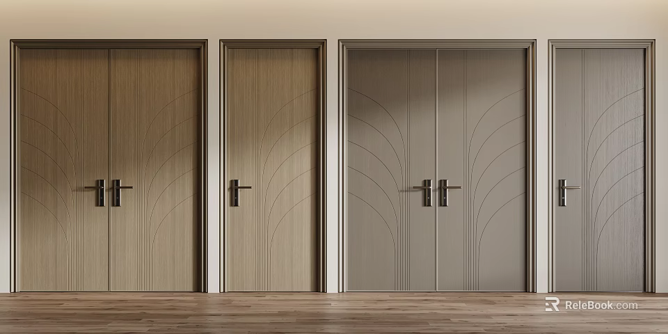 Elegant Wooden Hinged Doors Featuring Curved Patterns And Modern Sleek Frames 3d model