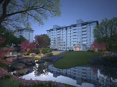 Modern Residential Building With Lush Greenery Pond Reflection And Trees In Garden 3d model