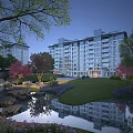Modern Residential Building With Lush Greenery Pond Reflection And Trees In Garden