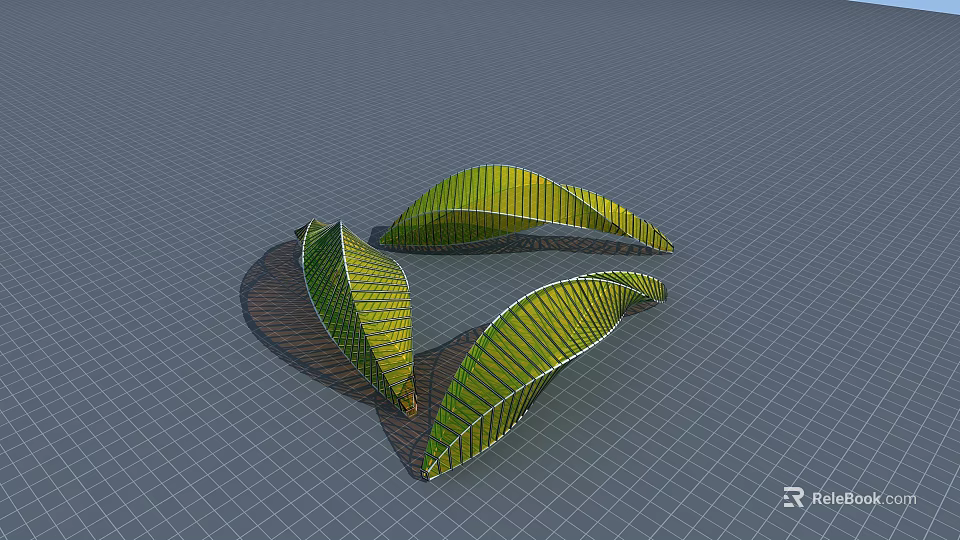 Leaf Shaped Pergola Structure Featuring Green and Yellow Metal Frame Design 3d model 