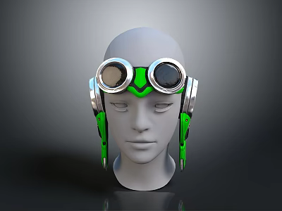 Green and Silver Goggles with Round Lenses on White Head Model and Earmuff Design 3d model