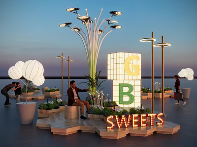 GB Sweets Outdoor Display With Neon Lights Seating And Green Plants 3d model