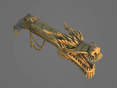Mythical Warrior Weapon Hilt Featuring Golden Dragon Head With Green Eyes And Scales 3d model
