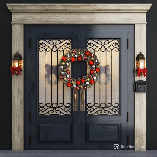 Festive Front Door With Wrought Iron Design Christmas Wreath And Wall Lanterns With Red Bows 3d model 