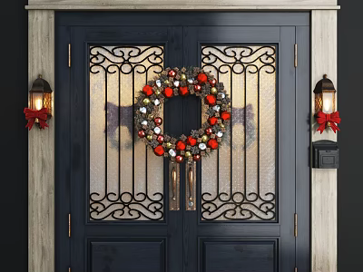 Festive Front Door With Wrought Iron Design Christmas Wreath And Wall Lanterns With Red Bows 3d model