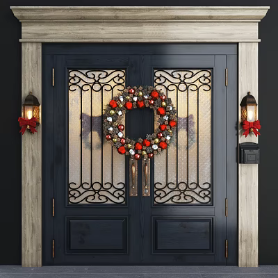 Festive Front Door With Wrought Iron Design Christmas Wreath And Wall Lanterns With Red Bows 3d model