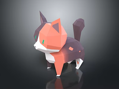 Standing Low Poly 3D Cat Model With Orange Black White Fur And Green Eyes 3d model