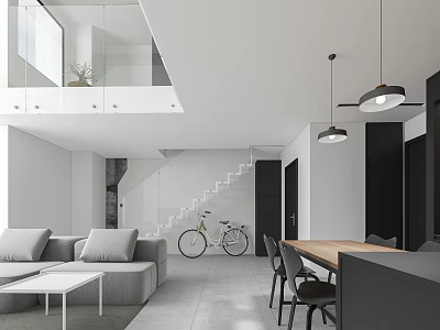 Loft Living Room Interior With Gray Sofa And Dining Table 3d model