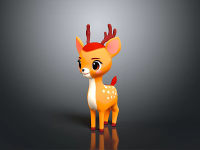 Adorable Orange Deer with Red Antlers White Belly and Black Eyes Standing on Black Background 3d model