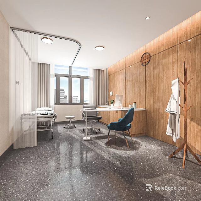 Modern Hospital Outpatient Ward With Hospital Bed Desk Chair Window Wooden Wall And Ceiling Lamp 3d model 