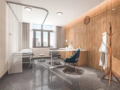 Modern Hospital Outpatient Ward With Hospital Bed Desk Chair Window Wooden Wall And Ceiling Lamp 3d model