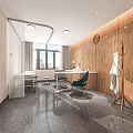Modern Hospital Outpatient Ward With Hospital Bed Desk Chair Window Wooden Wall And Ceiling Lamp